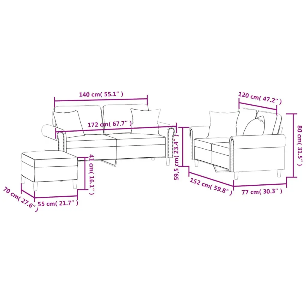 Grey Velvet Sofa Set with Pillows & Footstool
