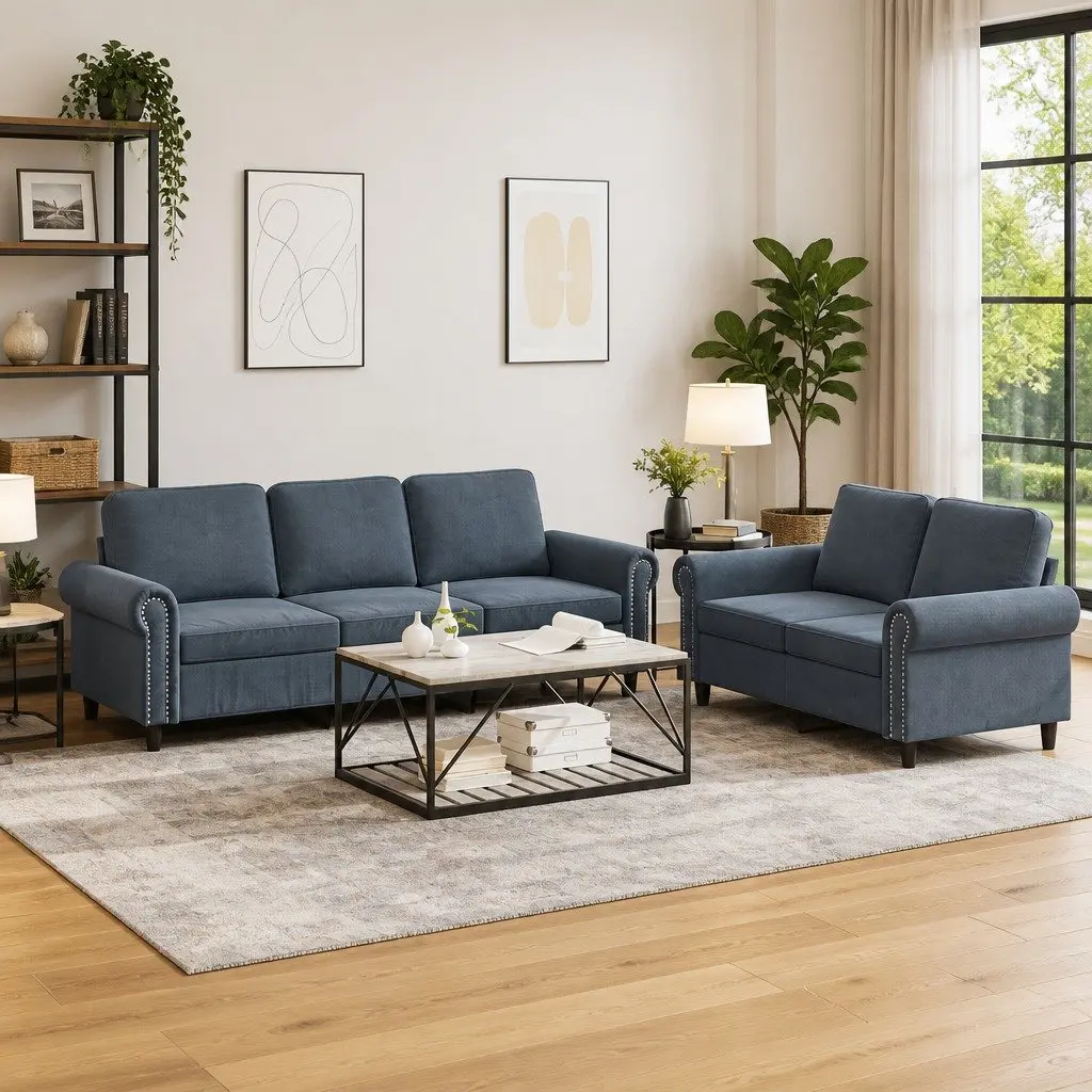 2 Piece Sofa Set Grey Velvet Cushions Living Room Furniture Comfortable Seating