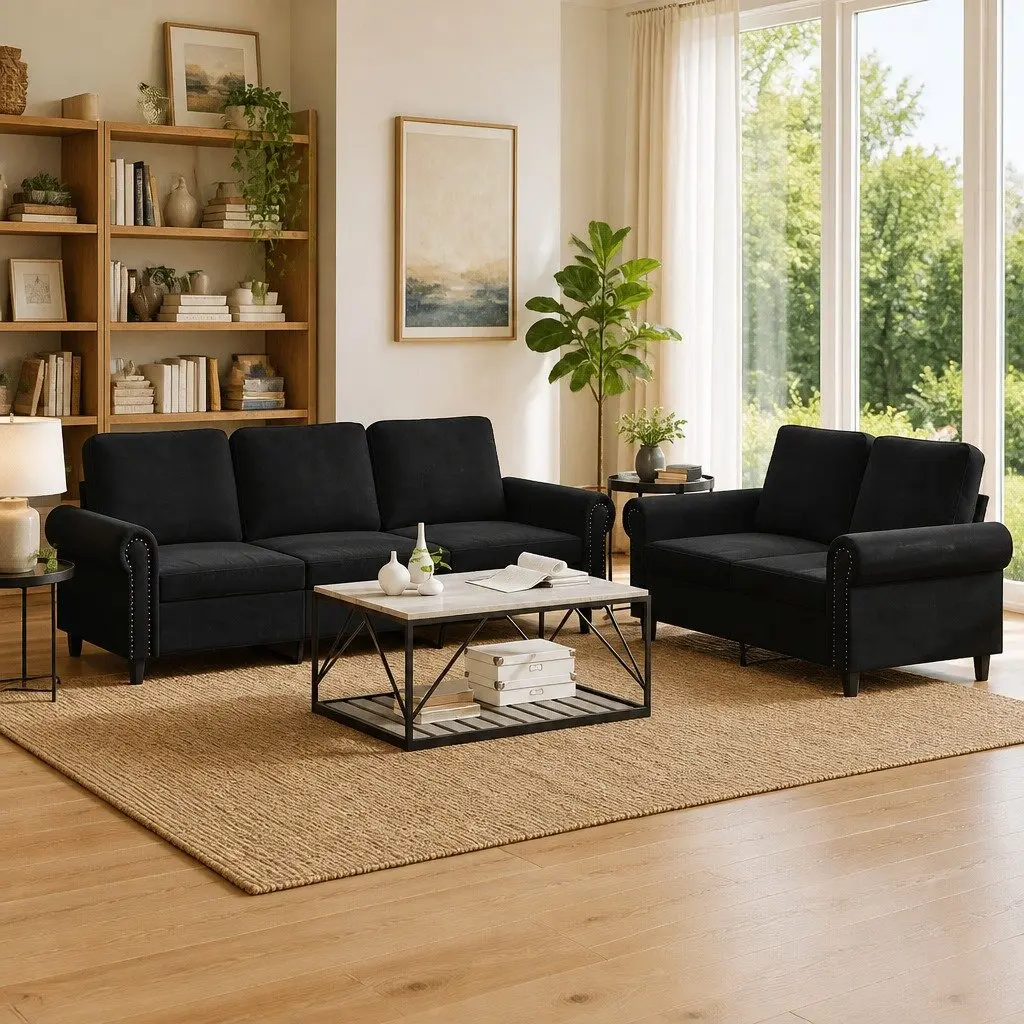 Sofa Set Living Room Couch 2 Piece Black Velvet