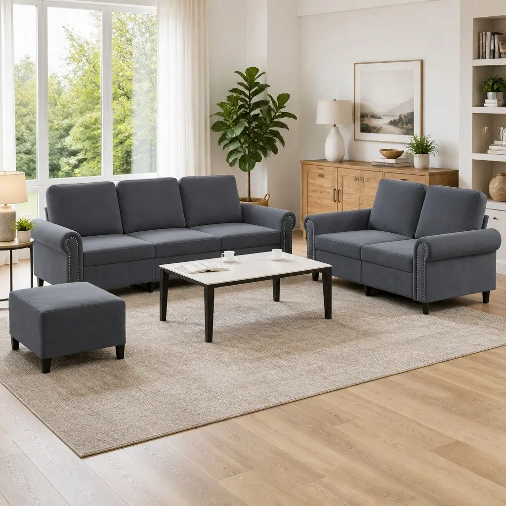 Grey Velvet Sofa Set with Footstool