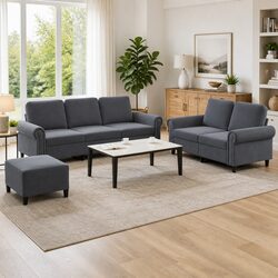 Comfortable Grey Velvet Sofa Set with Footstool