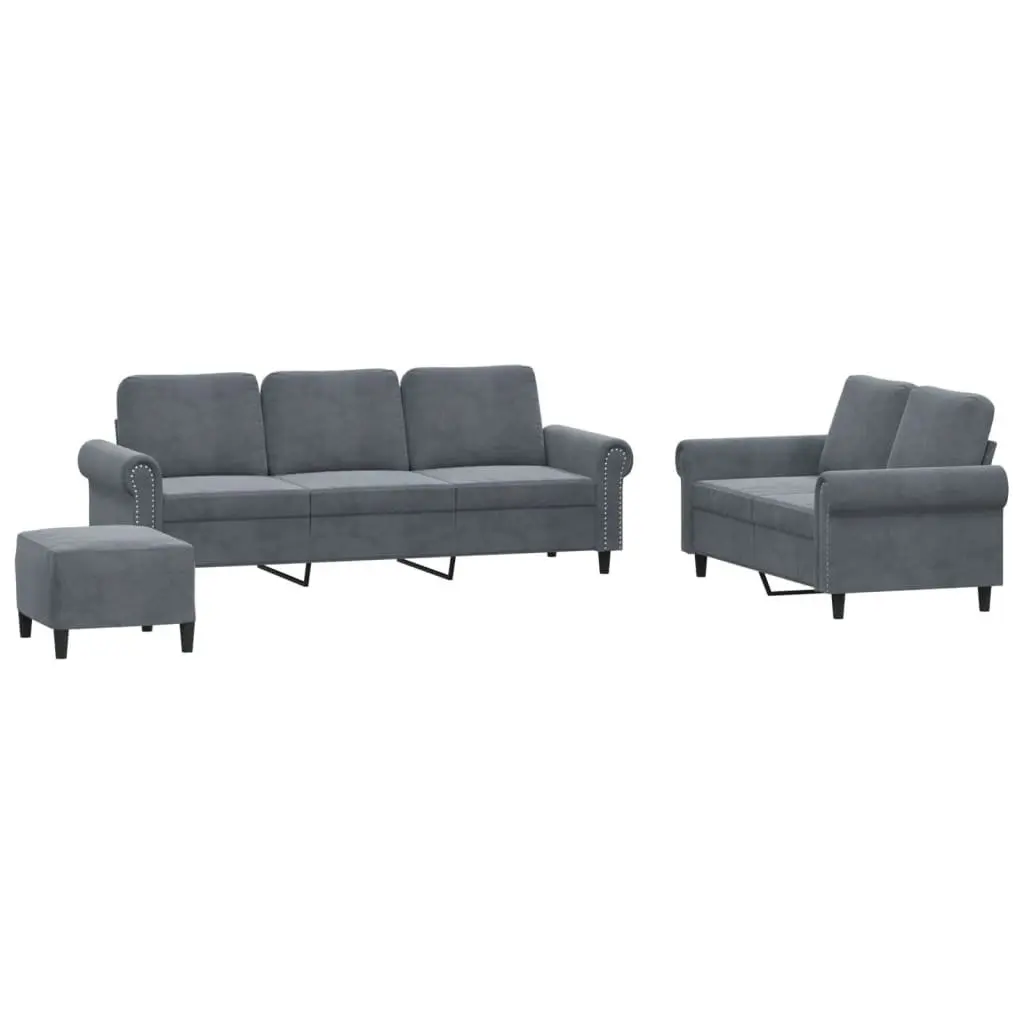 Grey Velvet Sofa Set with Footstool