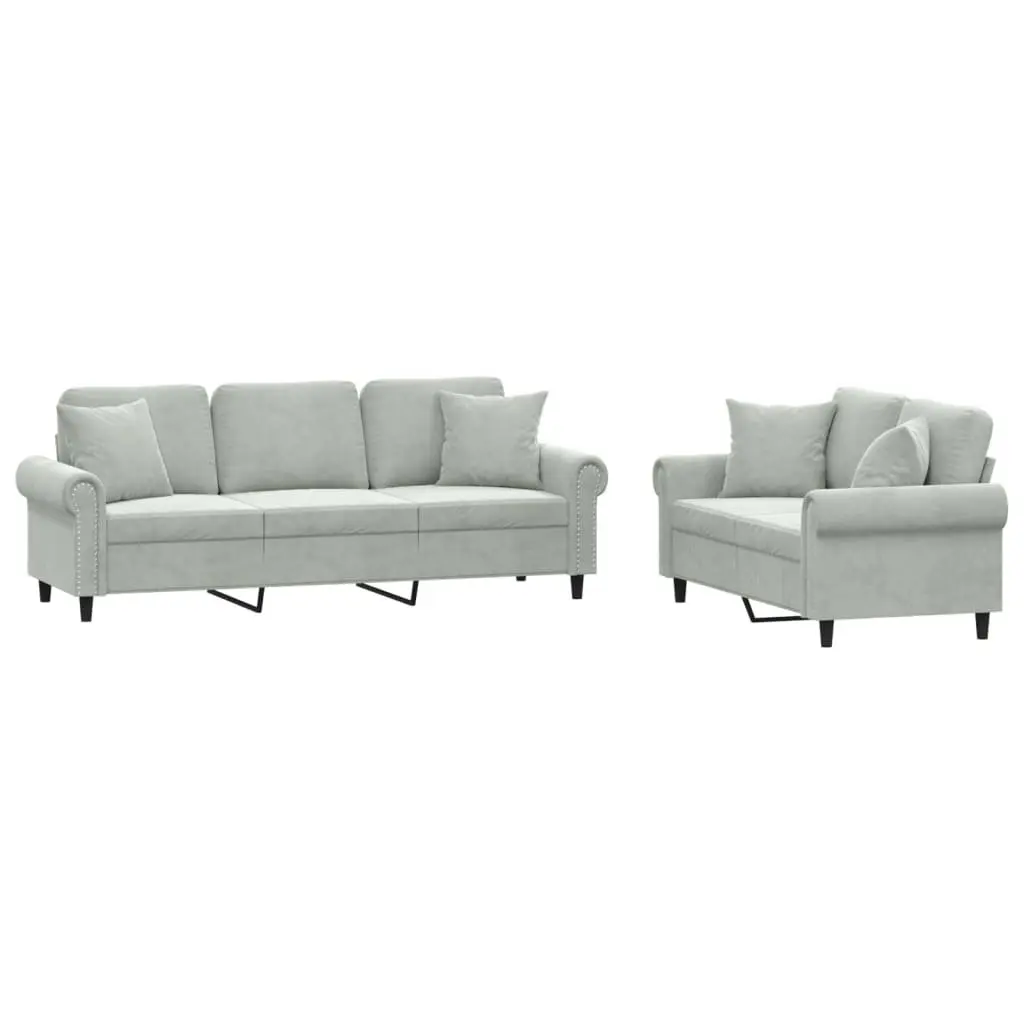 Grey Velvet Sofa Set with Throw Pillows