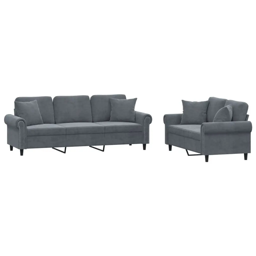2 Piece Sofa Set with Throw Pillows Grey Velvet Lounge Suite Living Room