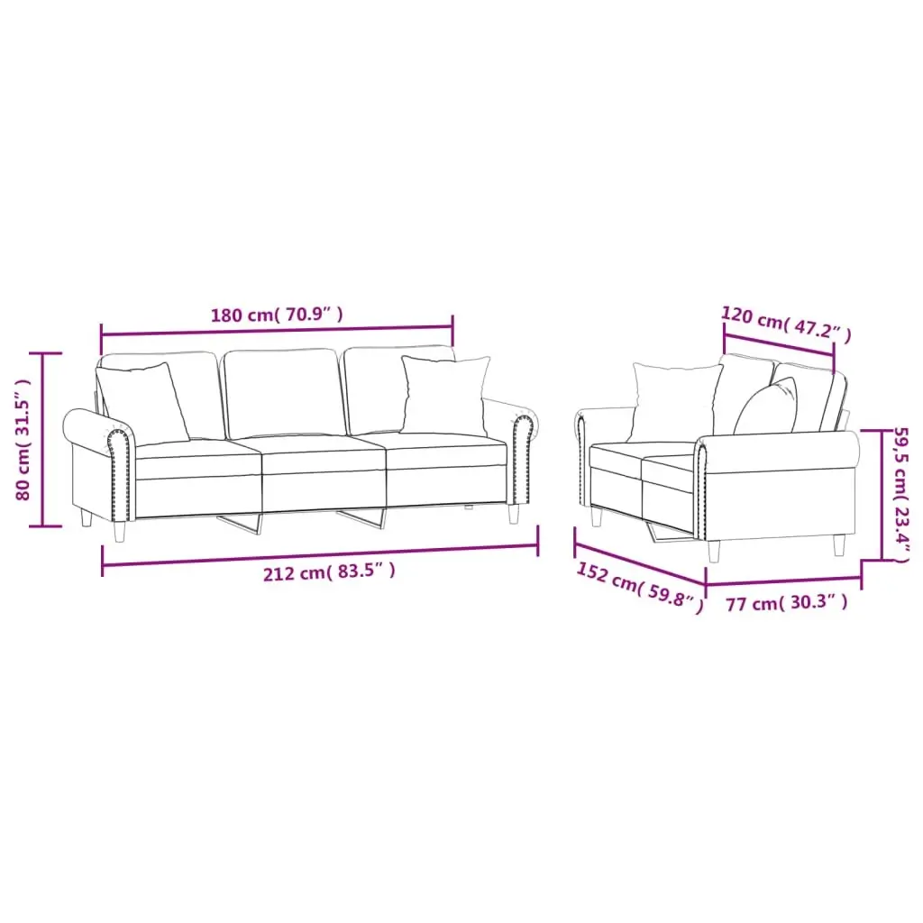 2 Piece Sofa Set with Throw Pillows Grey Velvet Lounge Suite Living Room