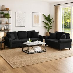Comfortable 2 Piece Black Velvet Sofa Set with Pillows