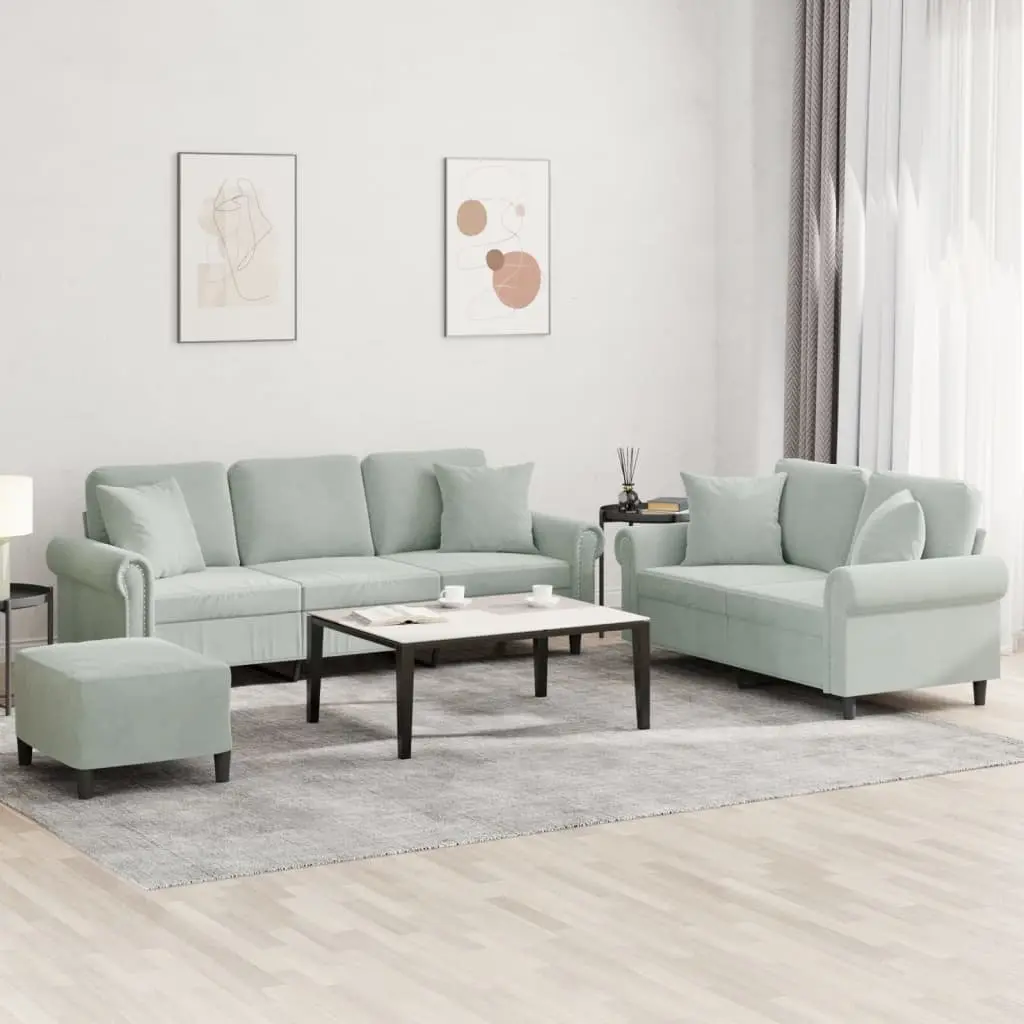 3 Piece Sofa Set Grey Velvet Couch with Throw Pillows Footstool