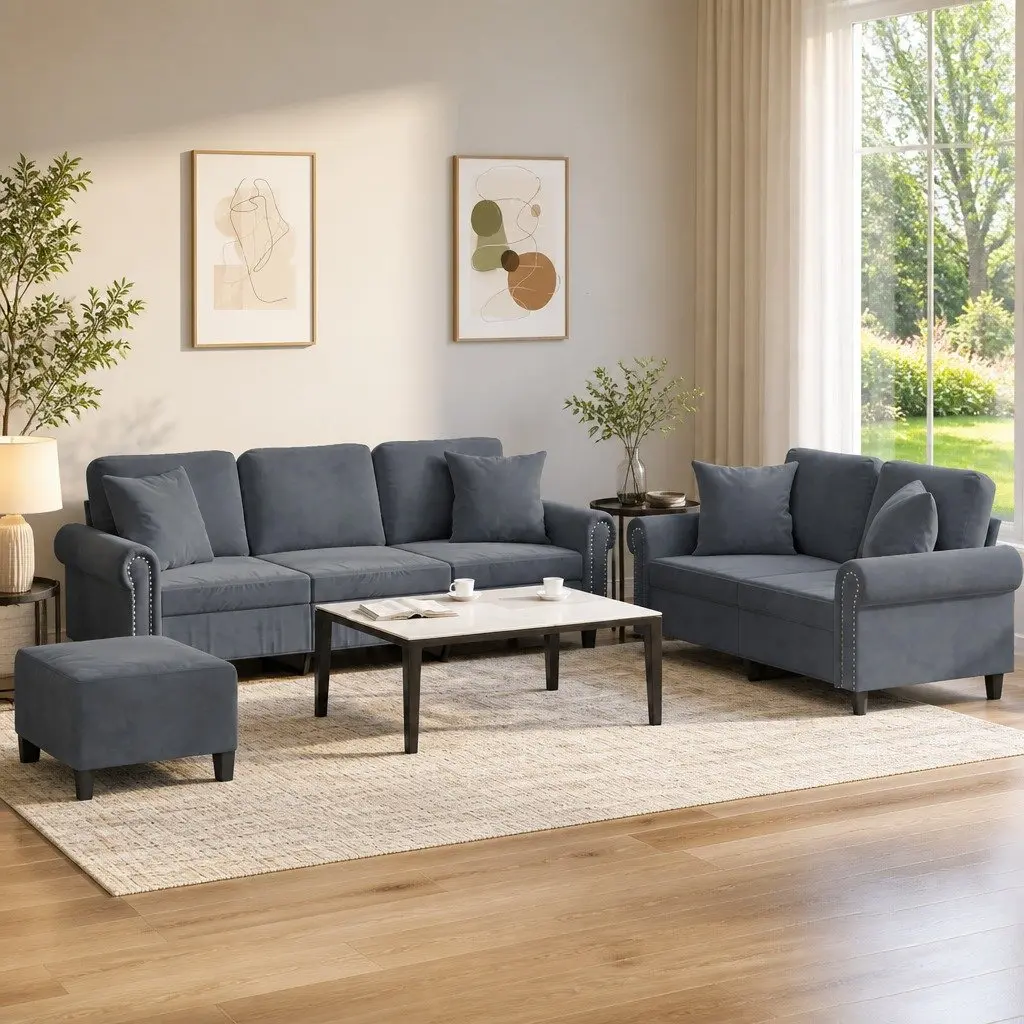 3 Piece Sofa Set Grey Velvet Living Room Furniture
