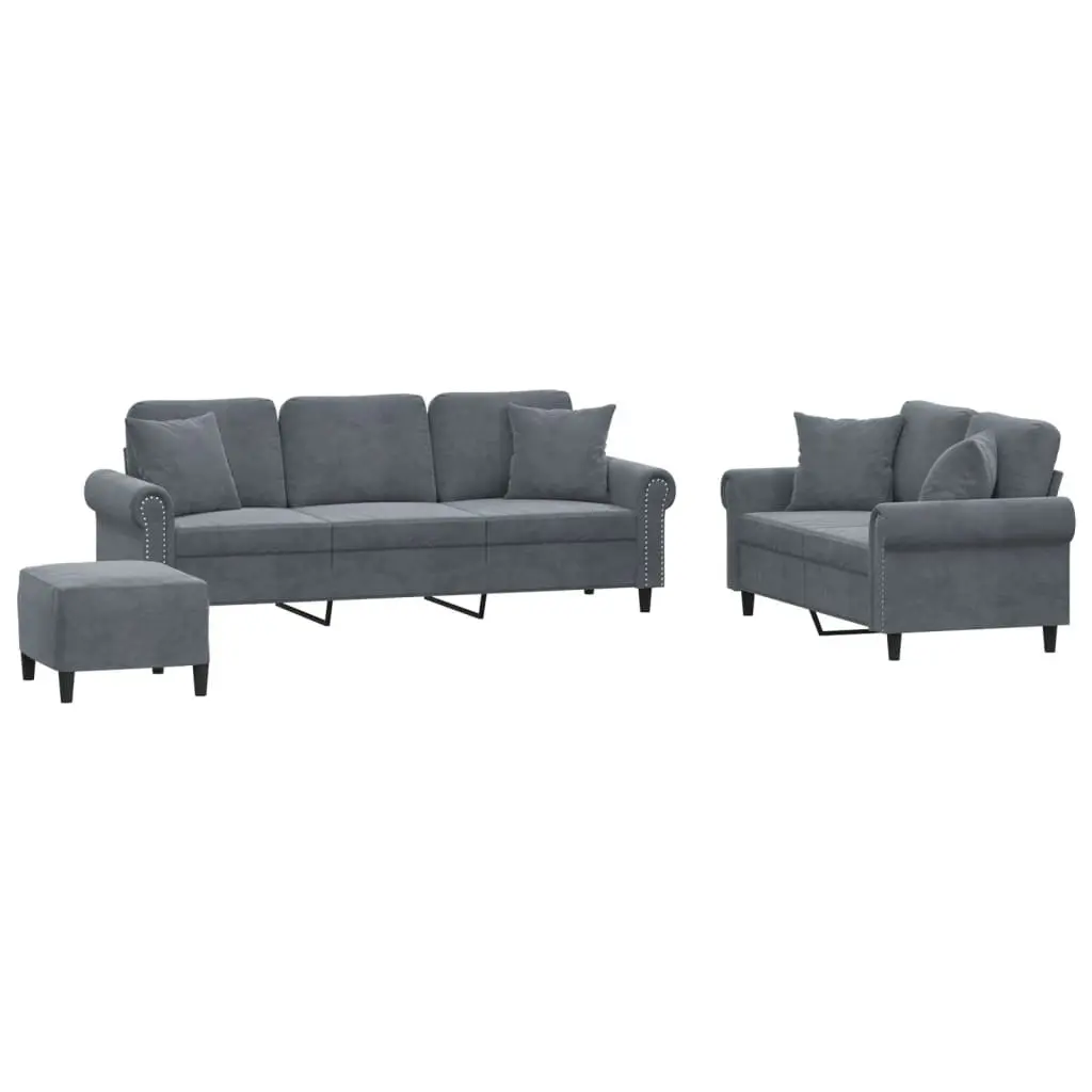 3 Piece Sofa Set Grey Velvet Living Room Furniture