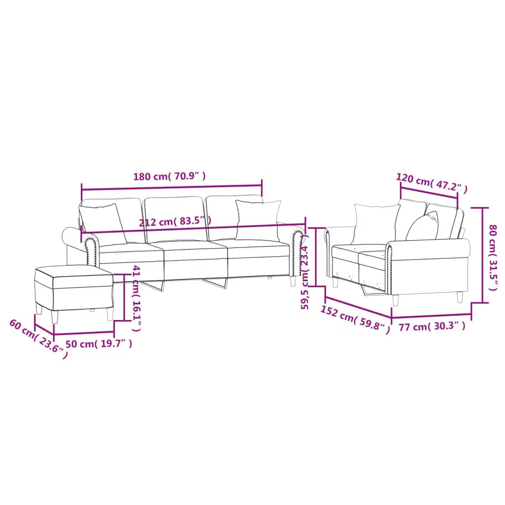 3 Piece Sofa Set Grey Velvet Living Room Furniture