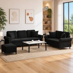 Comfortable 3 Piece Black Velvet Sofa Set for Your Home