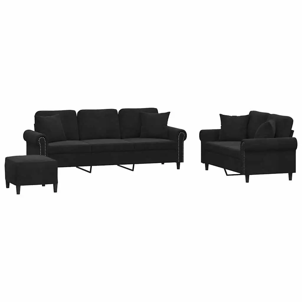 3 Piece Sofa Set Black Velvet Living Room