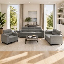 3 Piece Sofa Set Grey Microfibre Fabric Lounge Suite Armchairs with Cushions