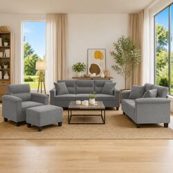 4 Piece Sofa Set Grey Microfibre Fabric Couch with Pillows Footstool Living Room