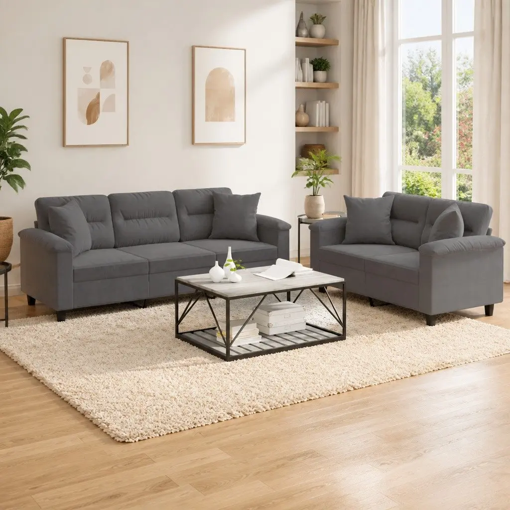 Sofa Set Grey Microfibre Fabric Lounge 2 Piece with Throw Pillows