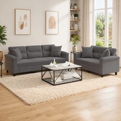2 Piece Sofa Set Grey Microfibre Fabric Lounge with Throw Pillows Living Room
