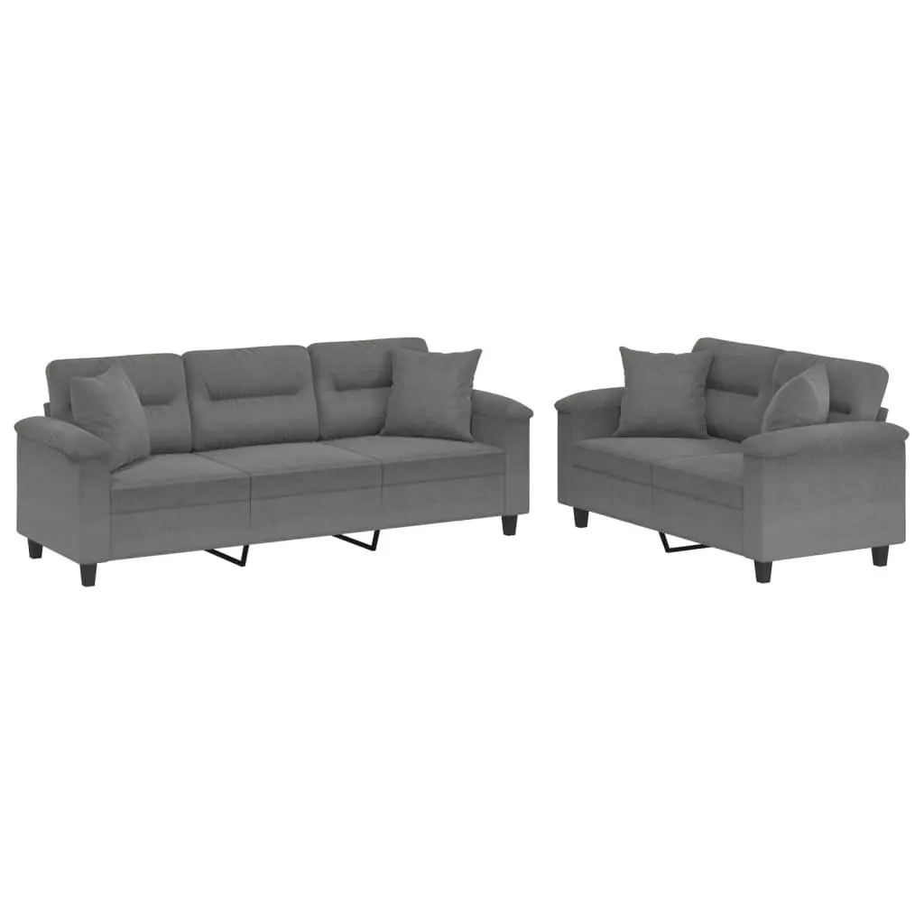 Sofa Set Grey Microfibre Fabric Lounge 2 Piece with Throw Pillows