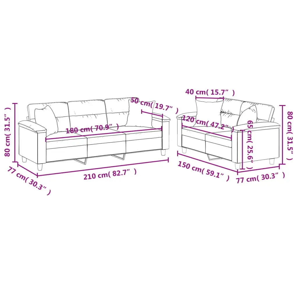 Sofa Set Grey Microfibre Fabric Lounge 2 Piece with Throw Pillows
