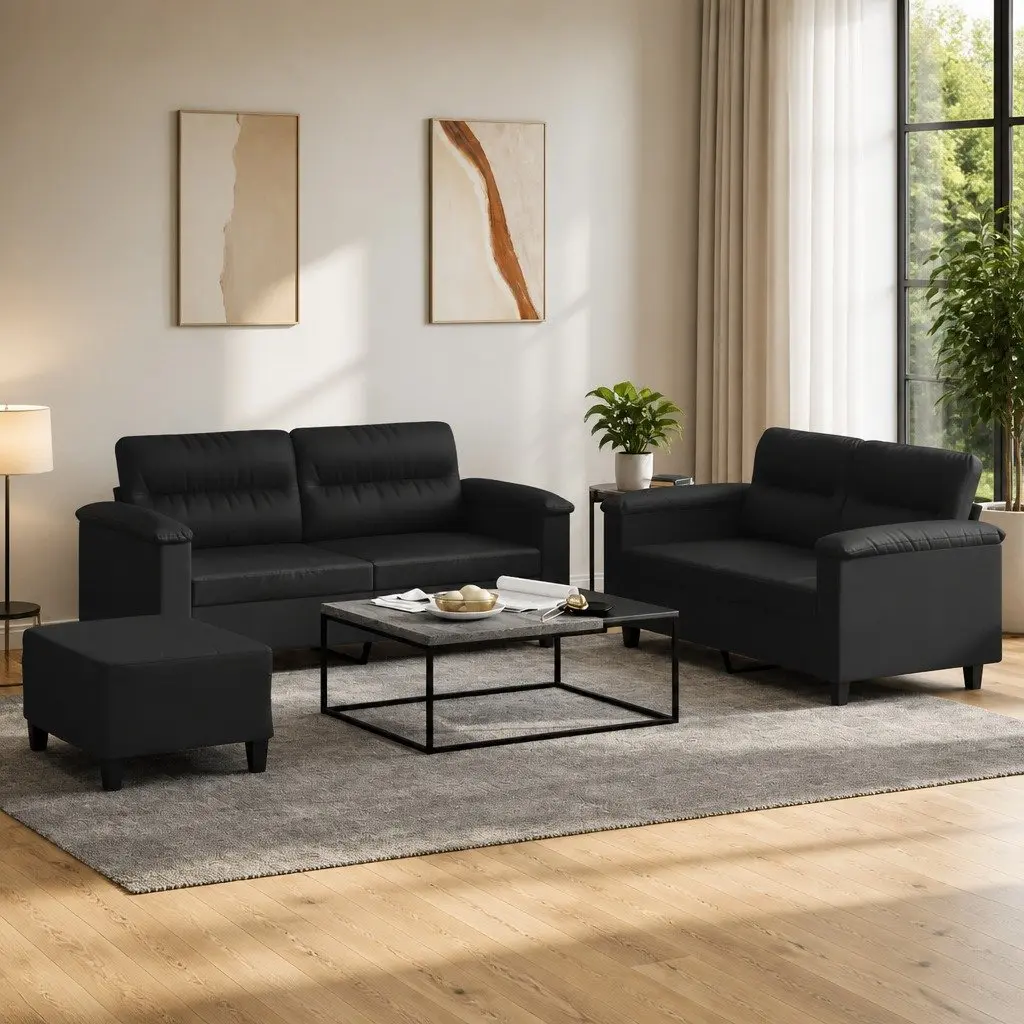 3 Piece Sofa Set Cushions Footstool Black Faux Leather Living Room