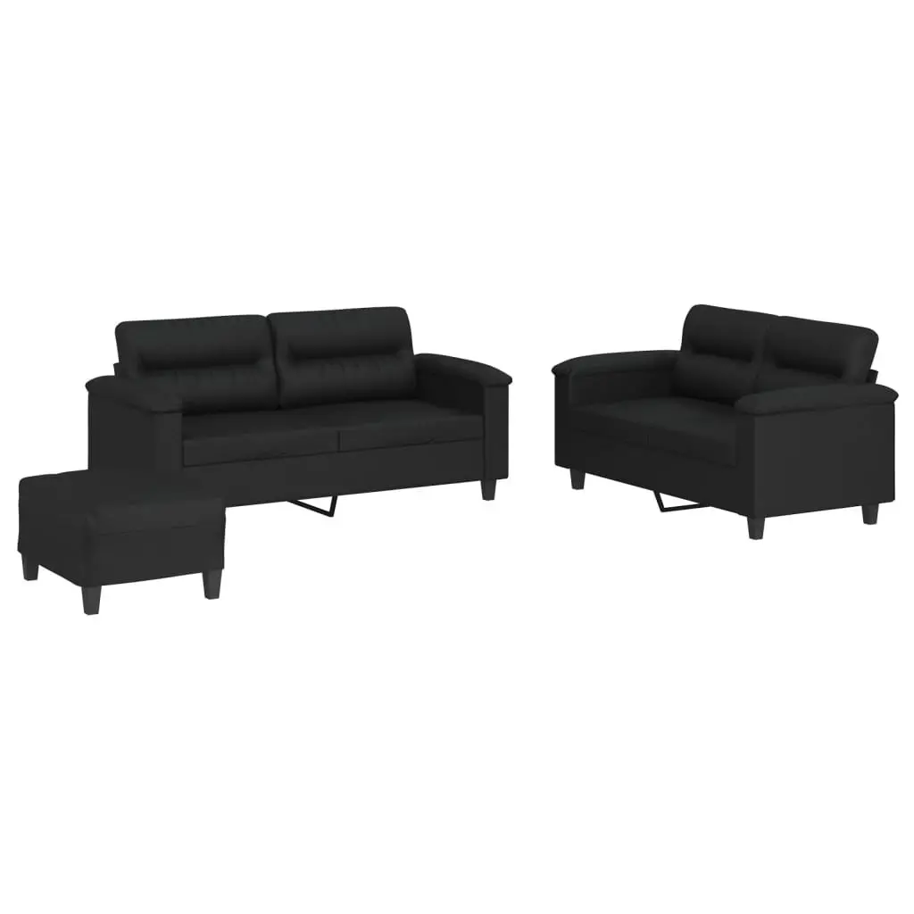 3 Piece Sofa Set Cushions Footstool Black Faux Leather Living Room