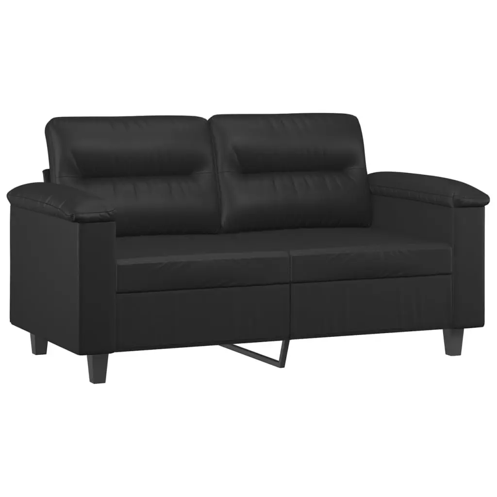3 Piece Sofa Set Cushions Footstool Black Faux Leather Living Room