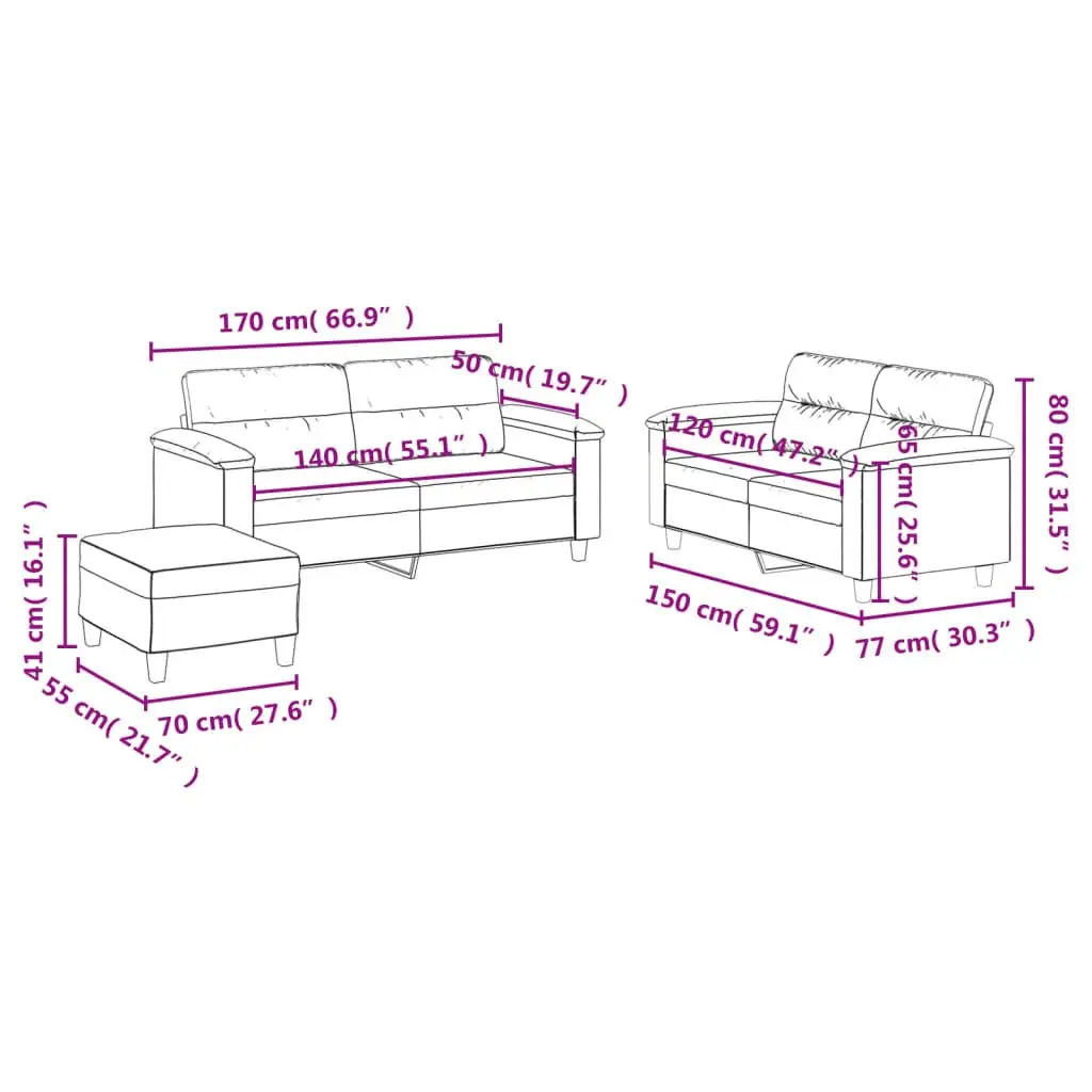 3 Piece Sofa Set Cushions Footstool Black Faux Leather Living Room
