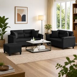 3 Piece Sofa Set Black Faux Leather Lounge Suite with Throw Pillows Footstool