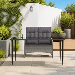 2 Piece Outdoor Garden Dining Set Grey Poly Rattan Table Bench Cushions