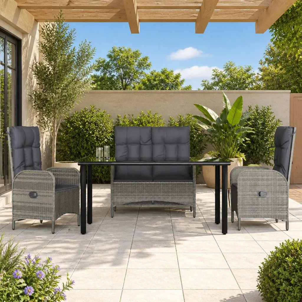 Garden Dining Set Outdoor Furniture 4 Piece Grey Poly Rattan Table Chairs Bench