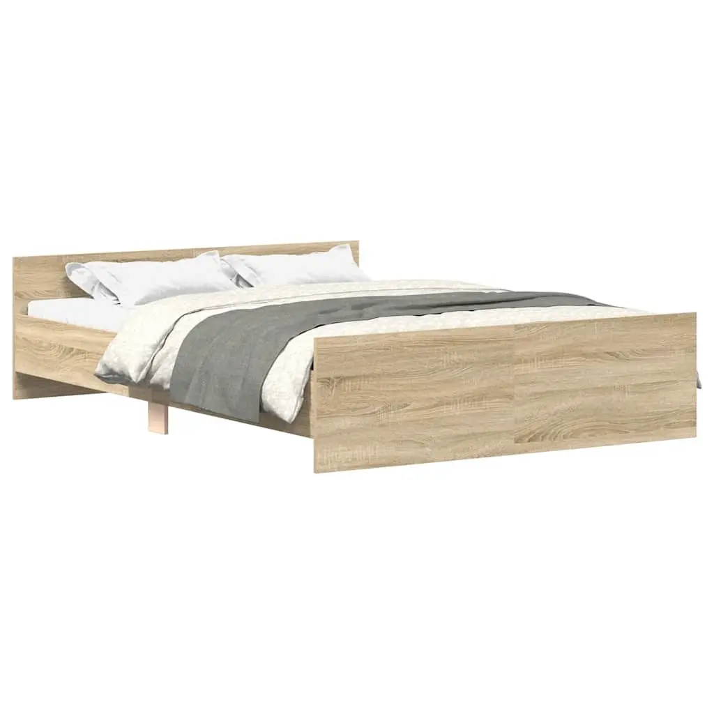 Bed Frame 135x190 cm Sonoma Oak Brown Engineered Wood Headboard Footboard Slats