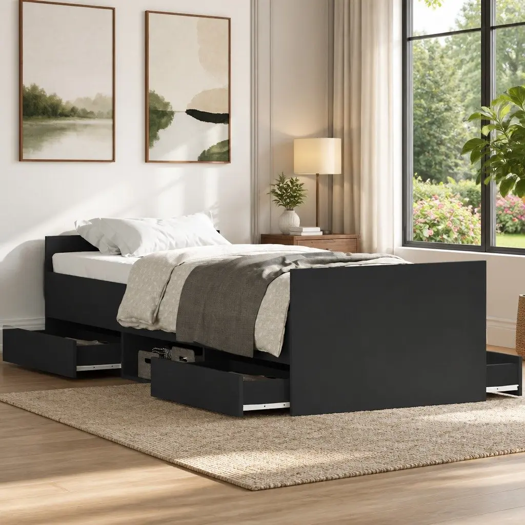 Black Bed Frame 90x190 cm with Ample Storage