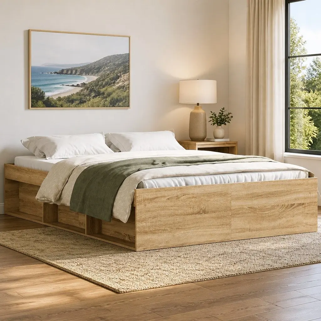 Bed Frame Storage Compartments Brown Engineered Wood Plywood Slats 150x200 cm