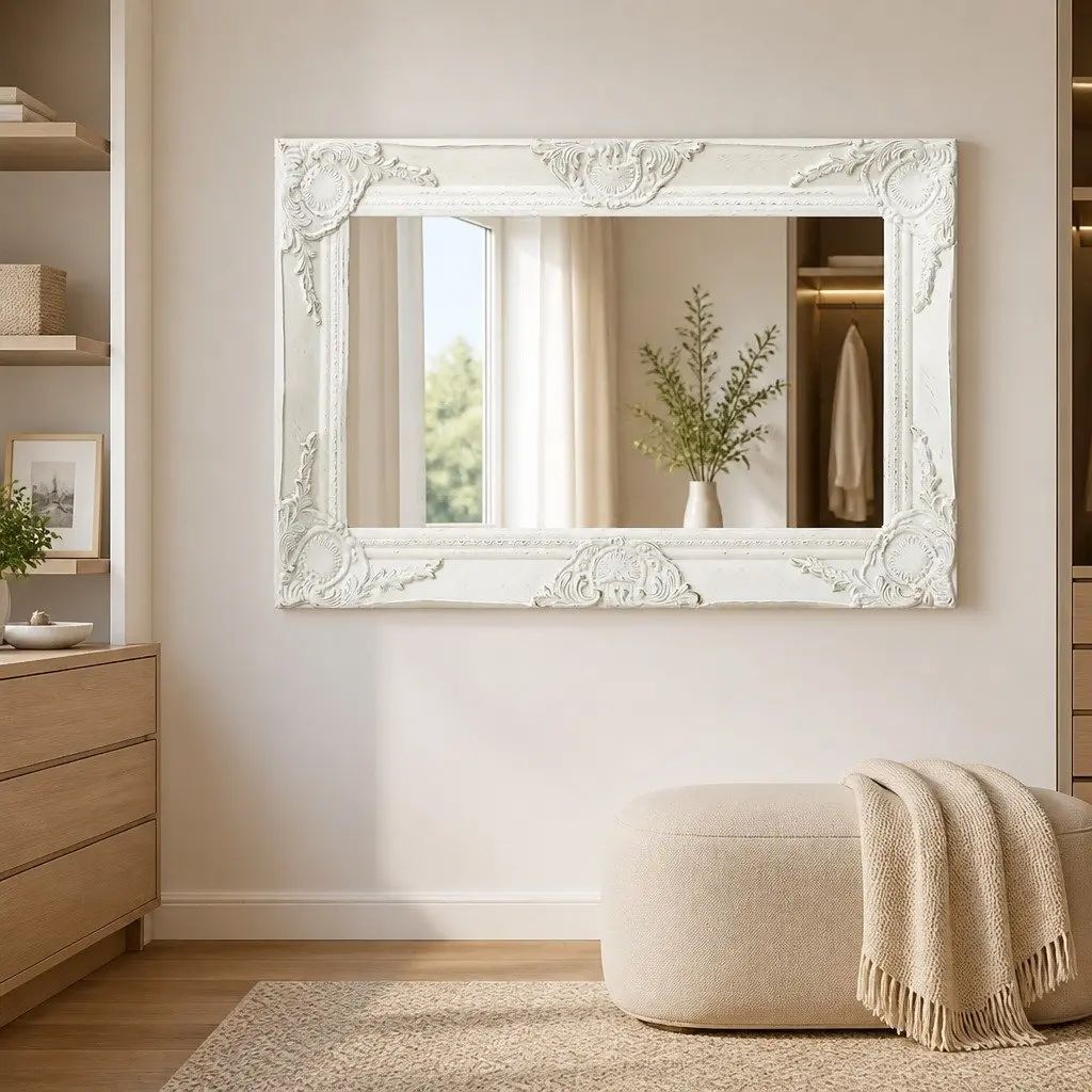 Wall Mirror Baroque Style 60x40 cm White Ornate Frame Decor