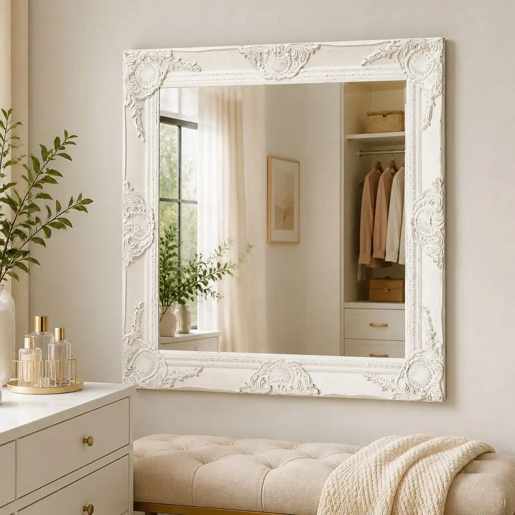 Wall Mirror Baroque Style 60x60 cm White Ornate Frame Decor