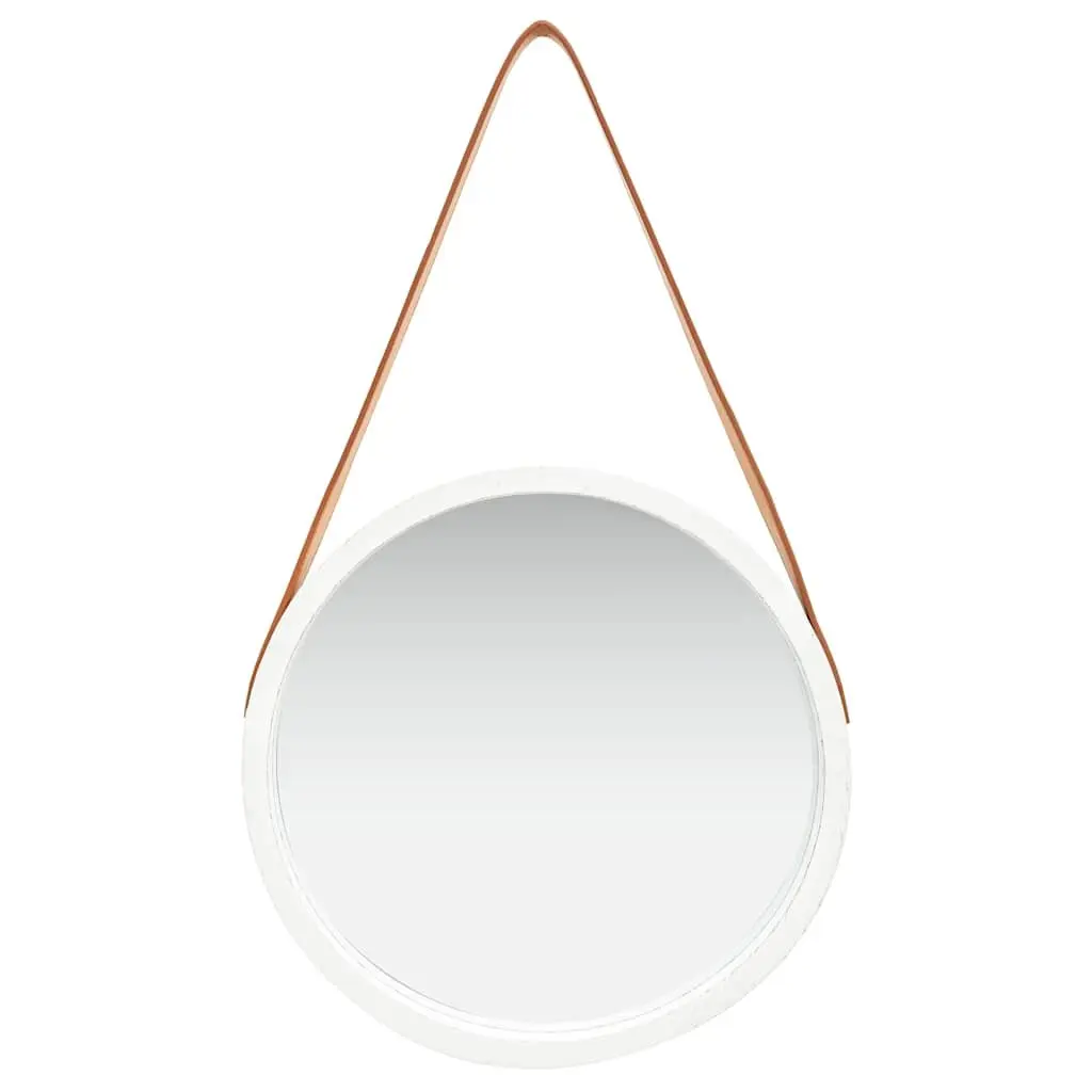 Round Wall Mirror 40cm White Wooden Frame Hanging Strap