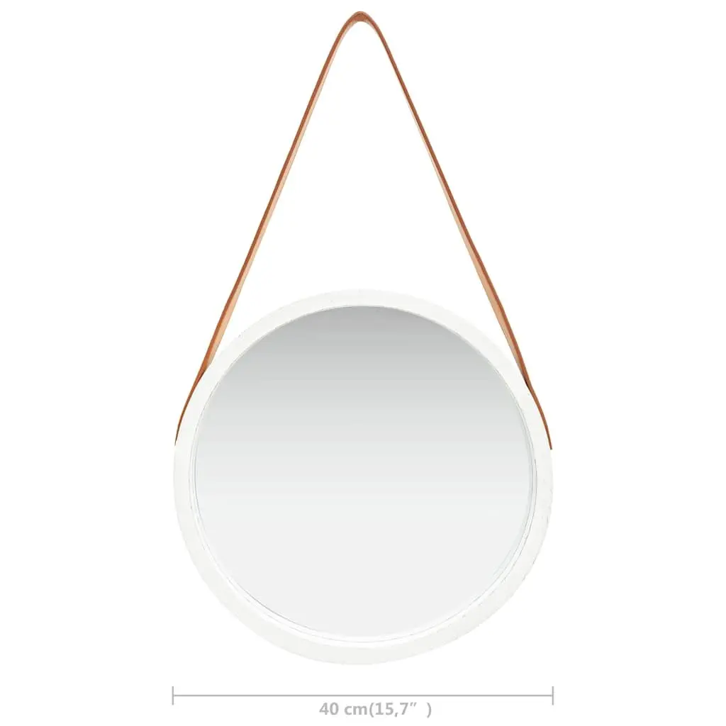 Round Wall Mirror 40cm White Wooden Frame Hanging Strap