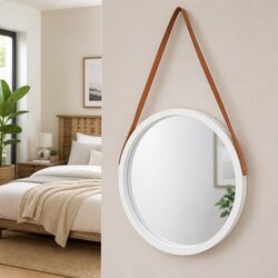 Round Wall Mirror 50cm White Hanging Decor Bedroom Living Room Strap Design