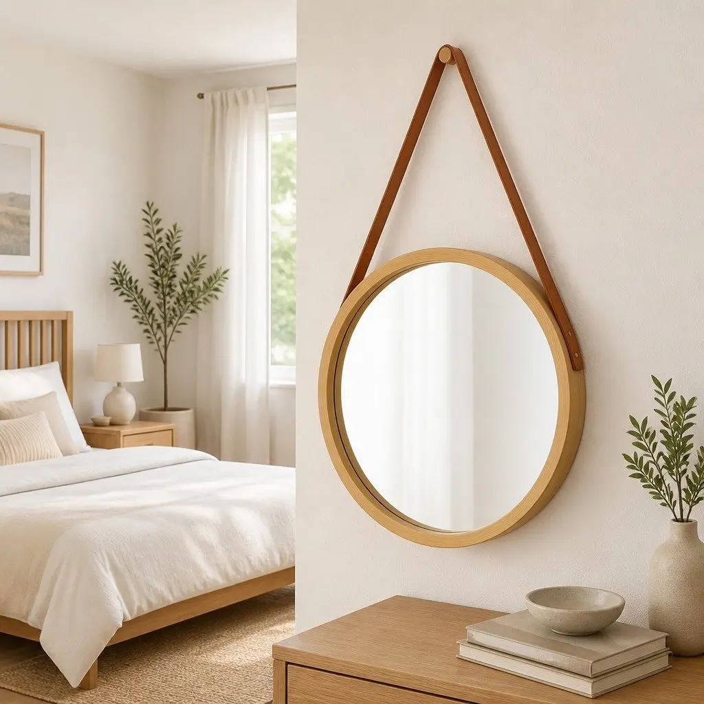 Round Wall Mirror 50cm Gold Frame Hanging Strap Bedroom Living Room Decor