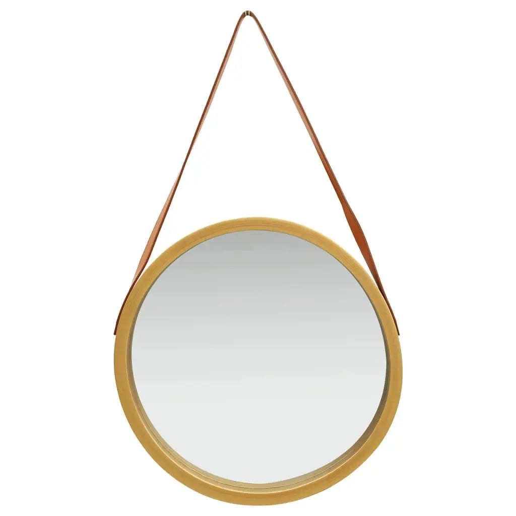 Round Wall Mirror 50cm Gold Frame Hanging Strap Bedroom Living Room Decor