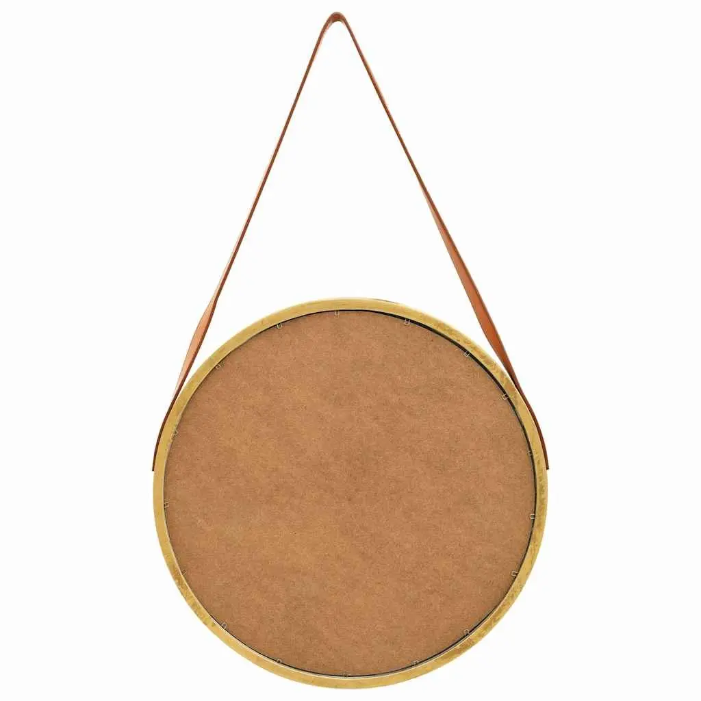 Round Wall Mirror 50cm Gold Frame Hanging Strap Bedroom Living Room Decor
