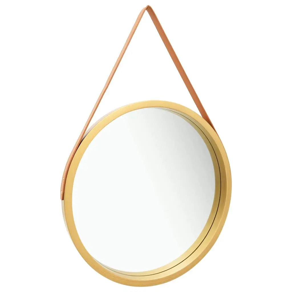 Round Wall Mirror 60cm Gold Frame Hanging Strap Bedroom Living Room Decor