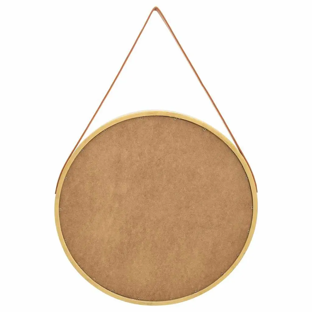 Round Wall Mirror 60cm Gold Frame Hanging Strap Bedroom Living Room Decor