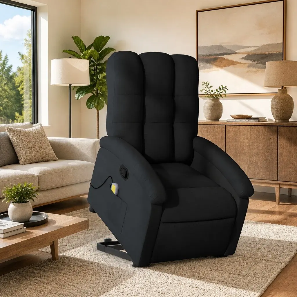 Electric Lift Recliner Chair Massage Function Fabric Upholstered Black