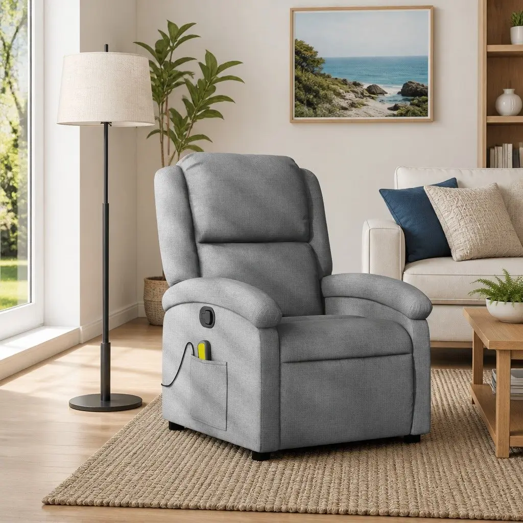 Massage Recliner Chair Manual Reclining Armchair Grey Fabric 6 Points Vibration