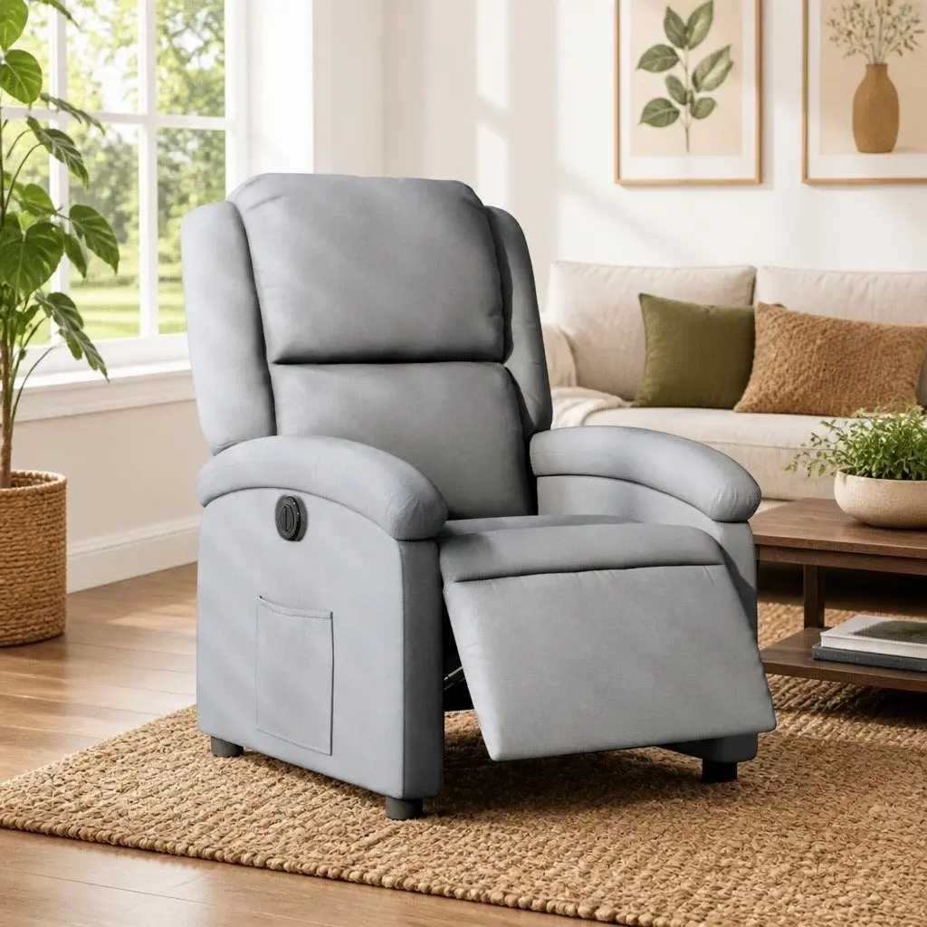 Electric Recliner Chair Light Grey Fabric Armchair with Footrest Adjustment