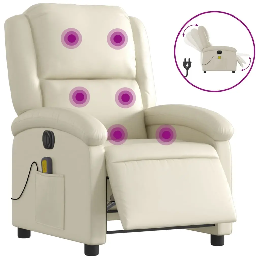 Electric Massage Recliner Chair Cream Faux Leather Adjustable Footrest