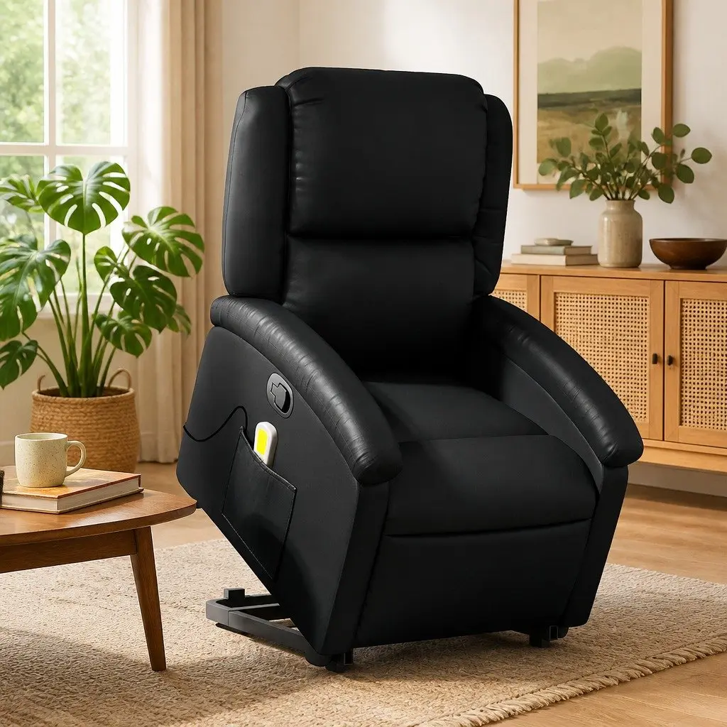 Electric Massage Chair Stand Up Recliner Faux Leather Black 135 Degrees Vibration
