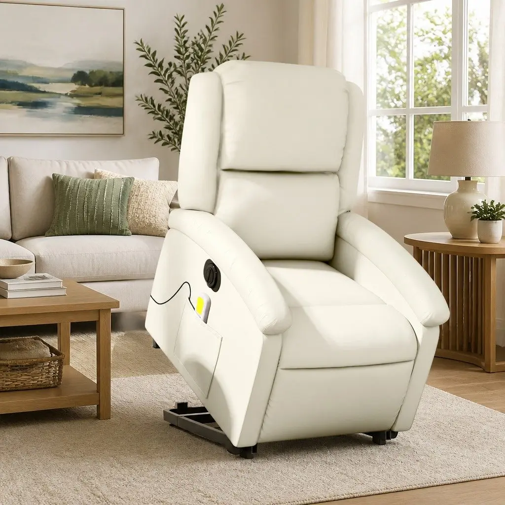 Electric Massage Recliner Chair Power Lift Adjustable Backrest Footrest Cream Faux Leather