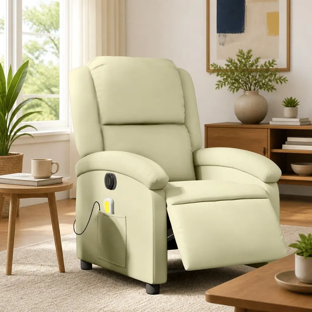 Electric Massage Recliner Chair Vibration Massage Adjustable Footrest Cream Leather