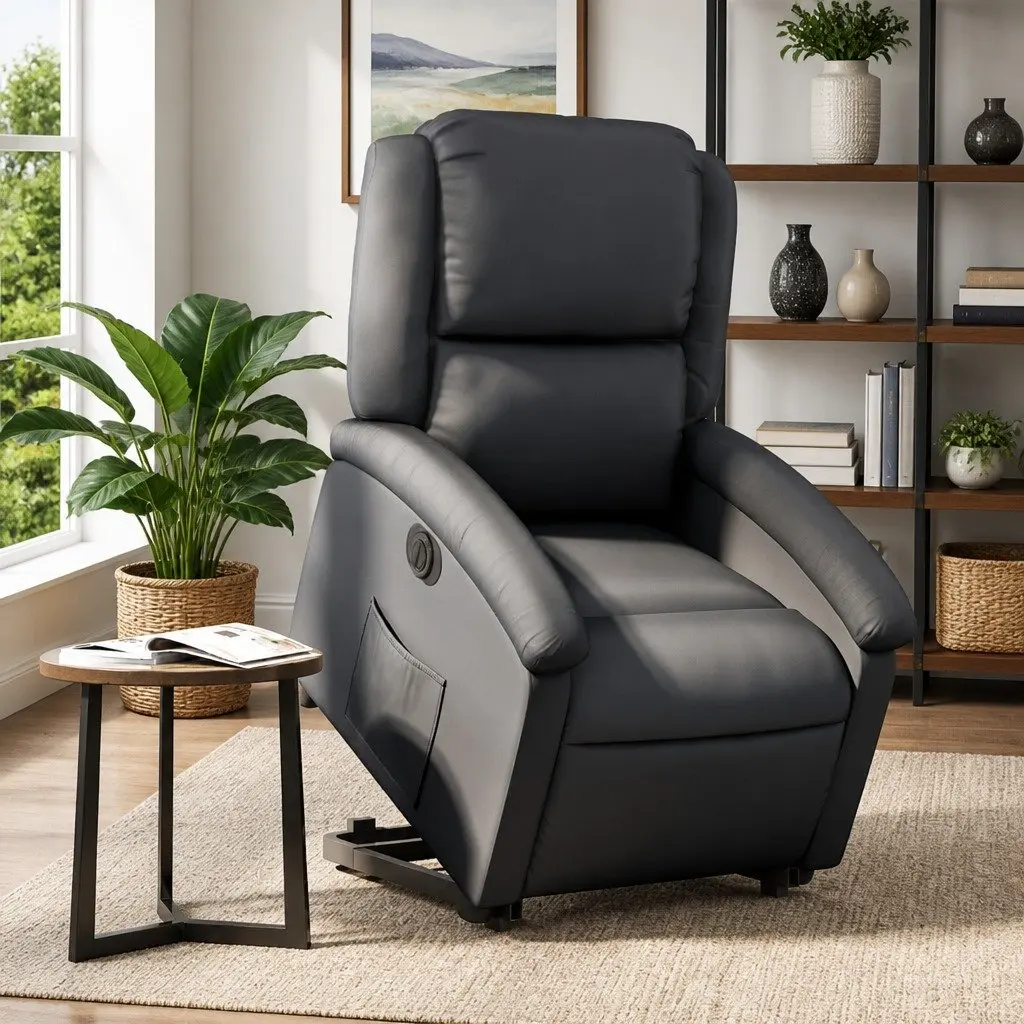 Electric Recliner Chair Power Lift Black Leather Elderly Comfort